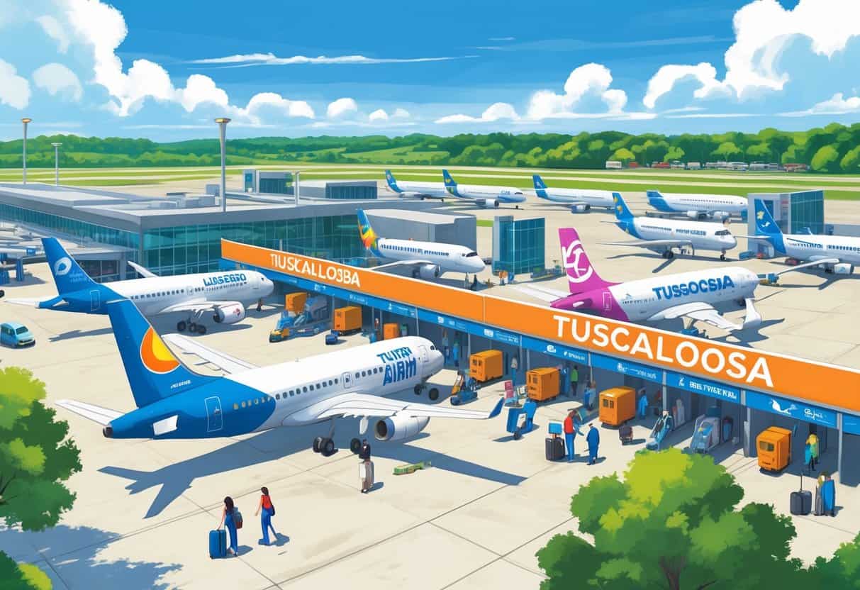 An airport scene in Tuscaloosa, Alabama with several budget airline planes parked at gates and travelers moving around the terminal.