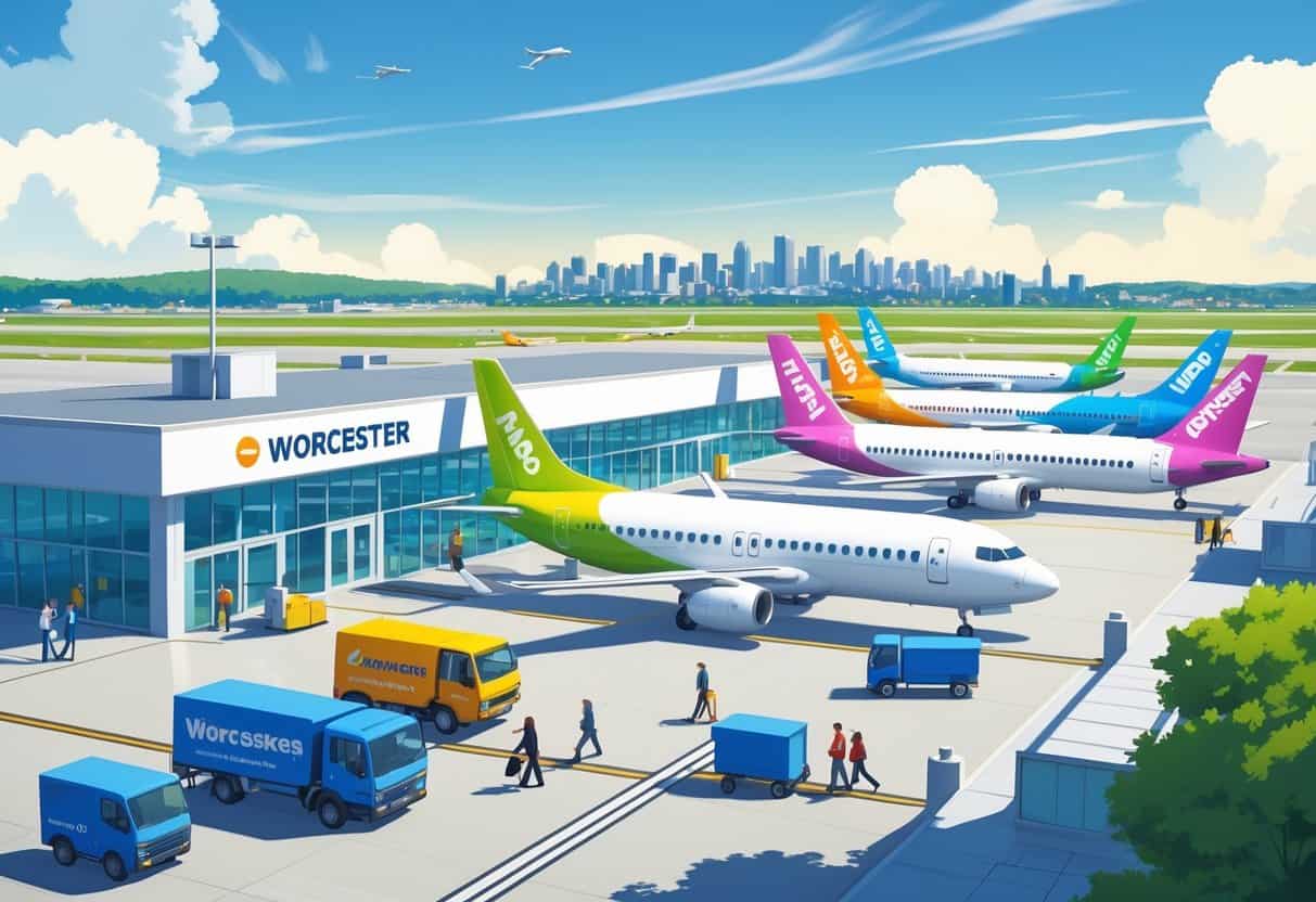 An airport scene in Worcester, Massachusetts with budget airplanes on the tarmac, passengers walking to the terminal, and the city skyline in the background.