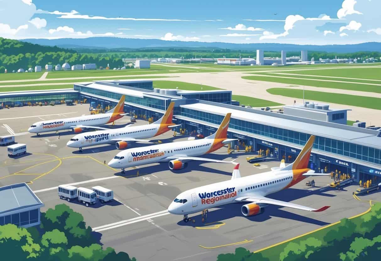 A busy Worcester Regional Airport with budget airline airplanes at gates, passengers boarding, and a city skyline in the background.