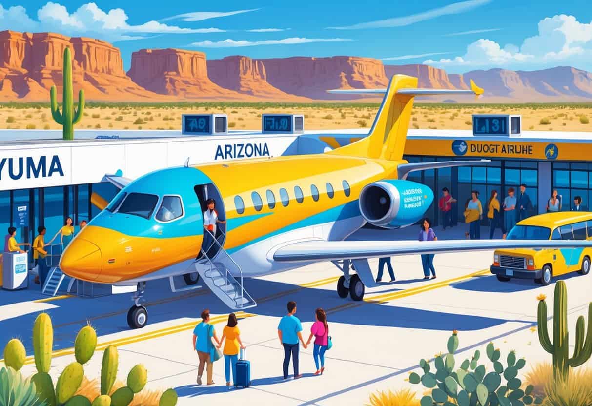 An airport scene in Yuma, Arizona, showing a small passenger airplane and travelers with luggage near the terminal, set against a desert landscape with cacti and mountains.