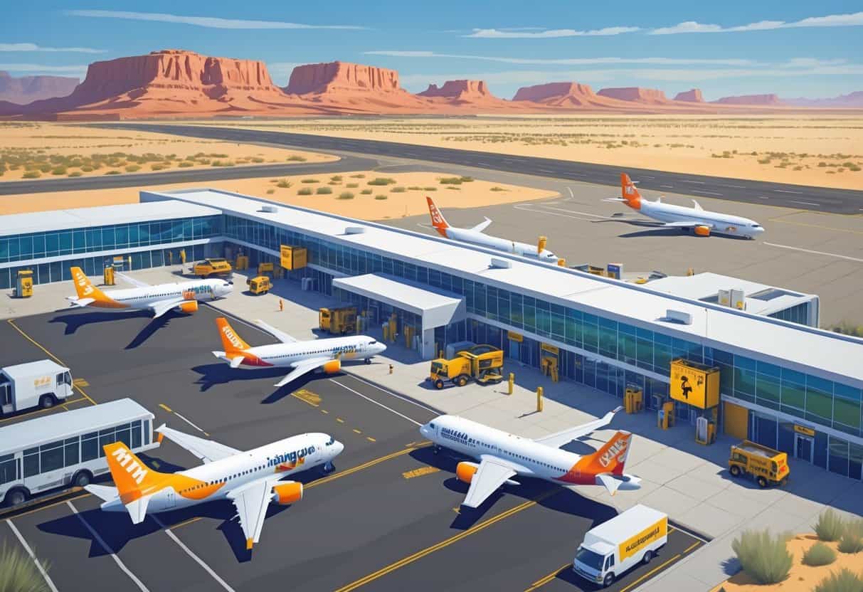 An airport in a desert setting with budget airplanes parked and taxiing near the terminal, surrounded by desert landscape and mountains.