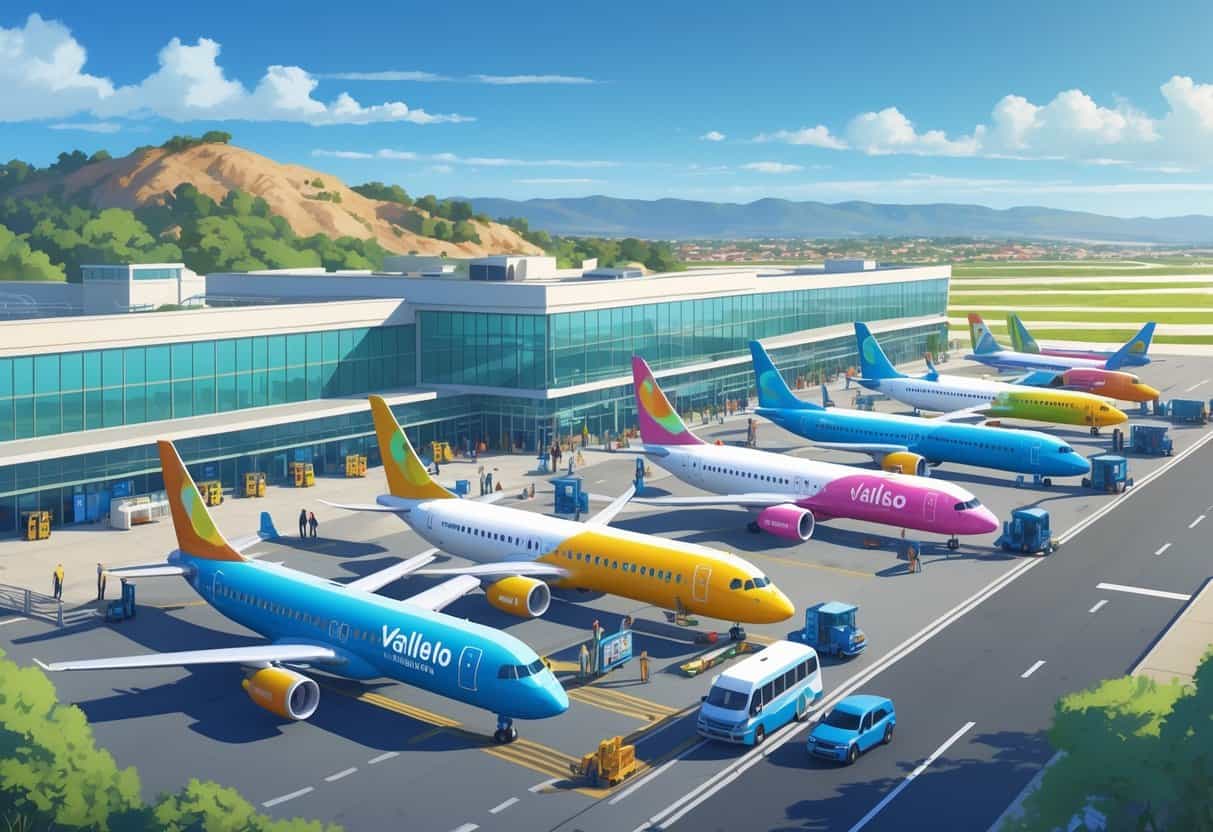 An airport scene in Vallejo, California, showing budget airline airplanes parked near a modern terminal with passengers and ground crew, set against hills and waterfront in the background.