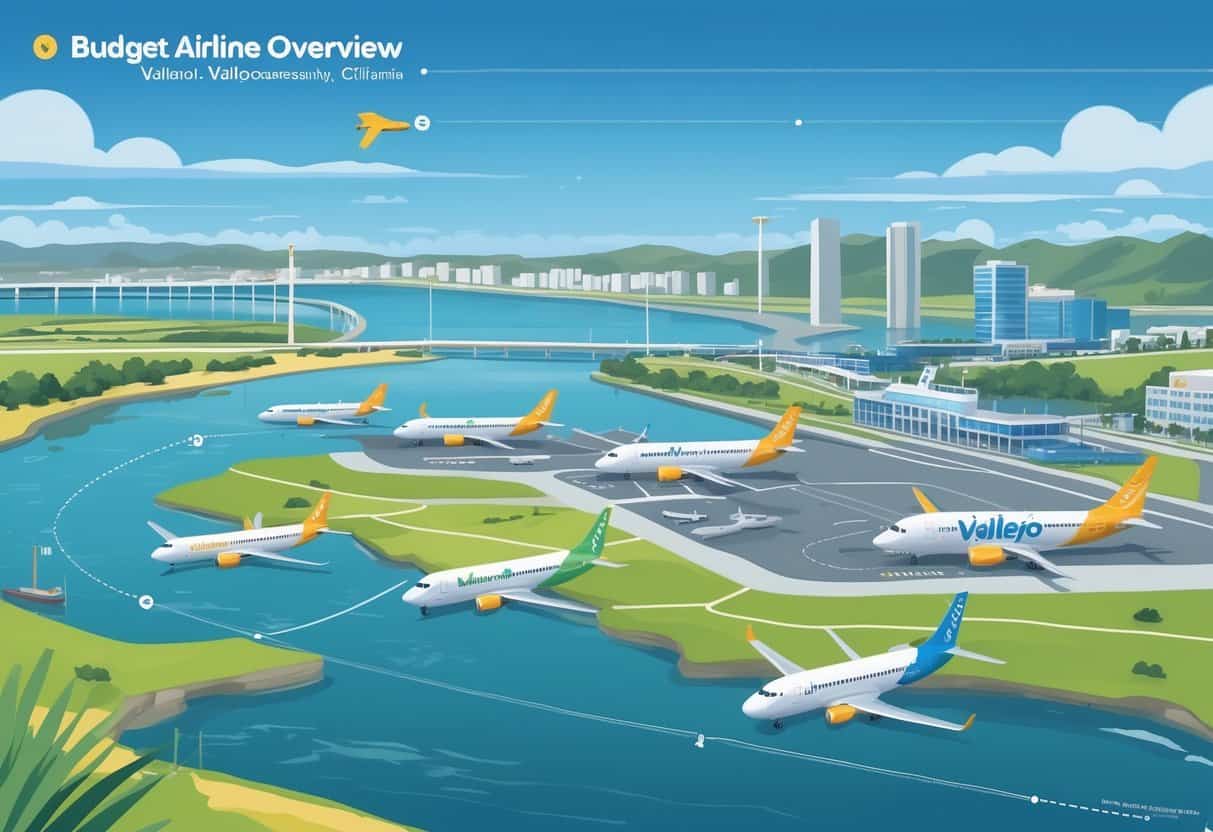 Map of Vallejo, California with nearby airports and colorful budget airplanes flying and parked, showing airline routes and city landmarks.