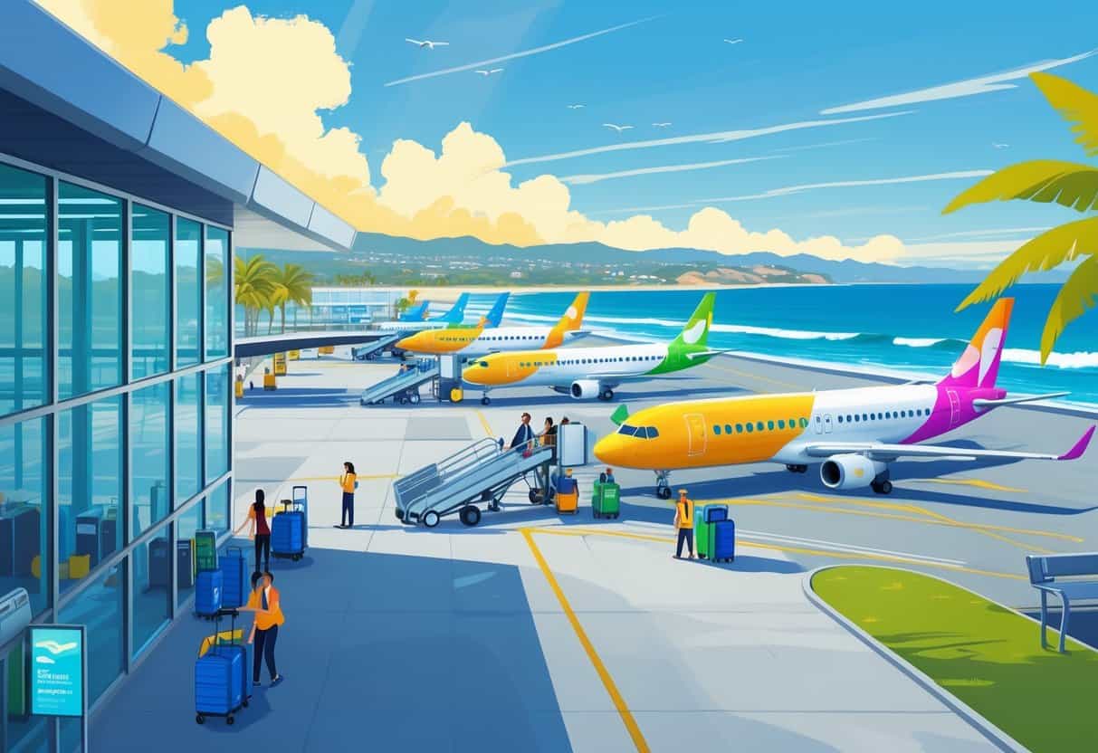 An airport terminal in Ventura, California with budget airplanes parked at gates near the coastline and palm trees under a sunny sky.