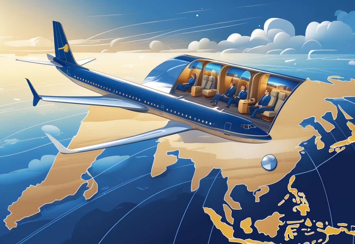 An airplane flying over a map from Albuquerque, New Mexico to Europe with European landmarks in the distance.