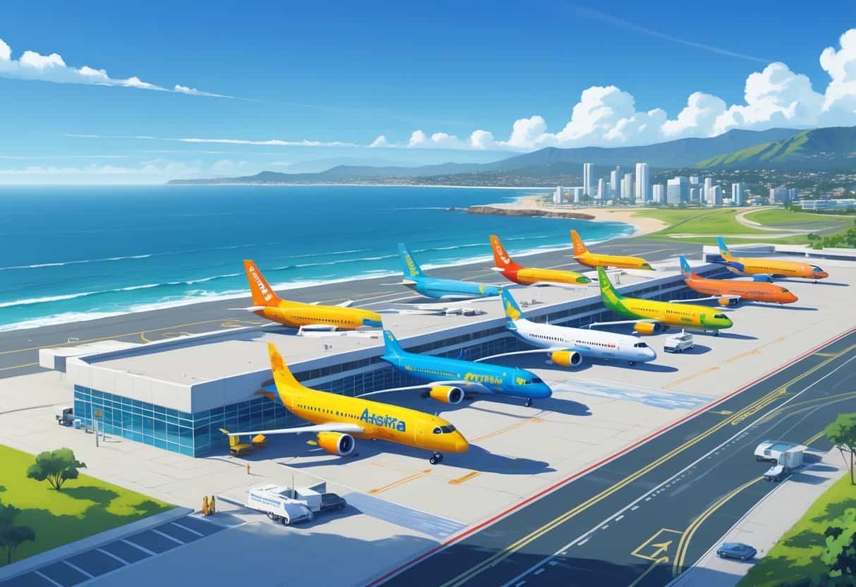 A coastal airport near Ventura, California, with several colorful budget airplanes on the runway and city buildings and hills in the background.