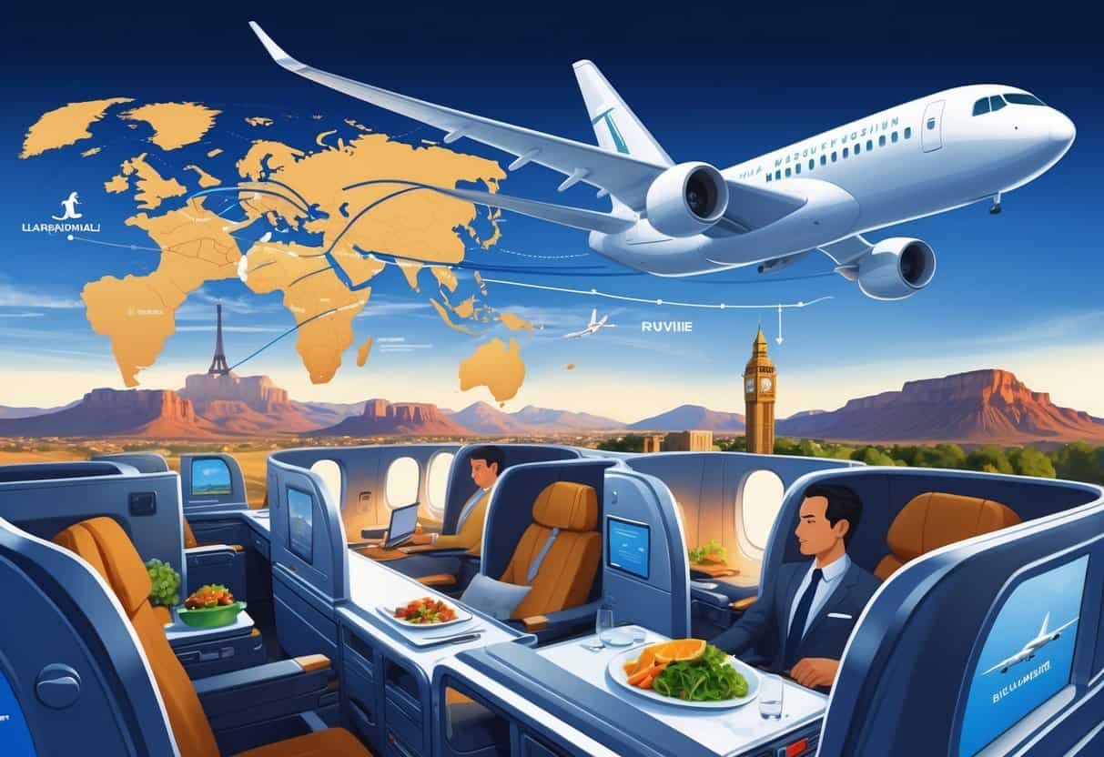 Airplane flying over a map from Albuquerque to Europe with a luxurious business class cabin and European landmarks in the background.