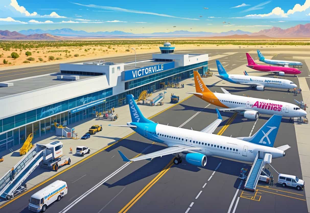 An airport in Victorville, California with several budget airline airplanes parked on the runway and passengers boarding under a clear blue sky.