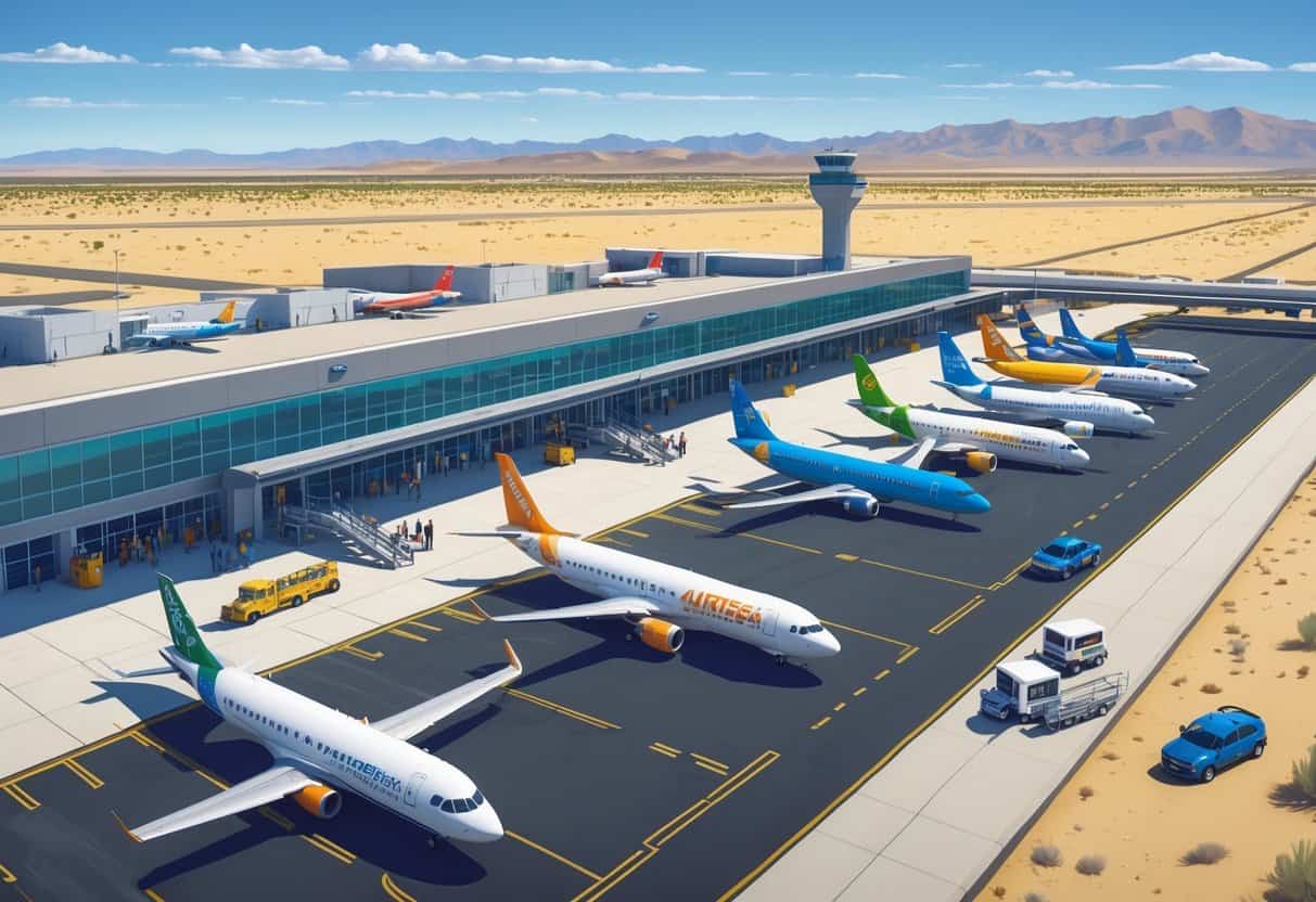 An airport in a desert area with several budget airplanes parked and taxiing, surrounded by mountains and clear skies.