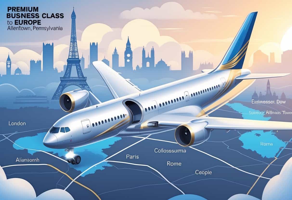 An airplane flying over a map showing a route from Allentown, Pennsylvania to Europe with famous European landmarks in the background.