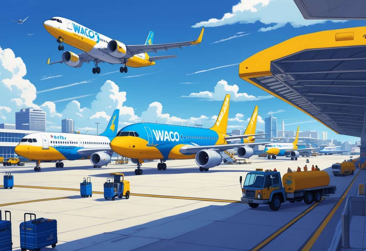 An airport scene in Waco, Texas with budget airline planes on the tarmac, passengers boarding, and airport vehicles around.