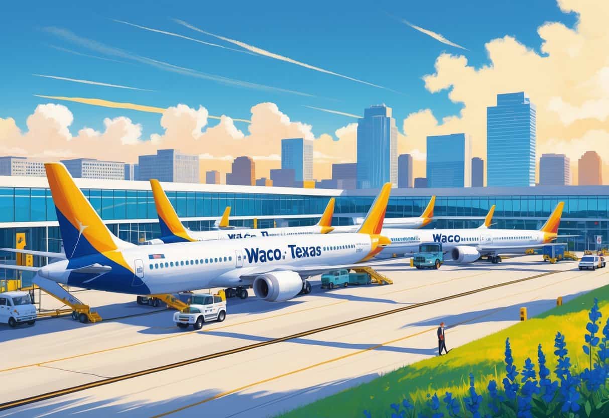 An airport scene in Waco, Texas with budget airplanes parked and taxiing near a modern terminal, with people and ground crew around, and the city skyline in the background.