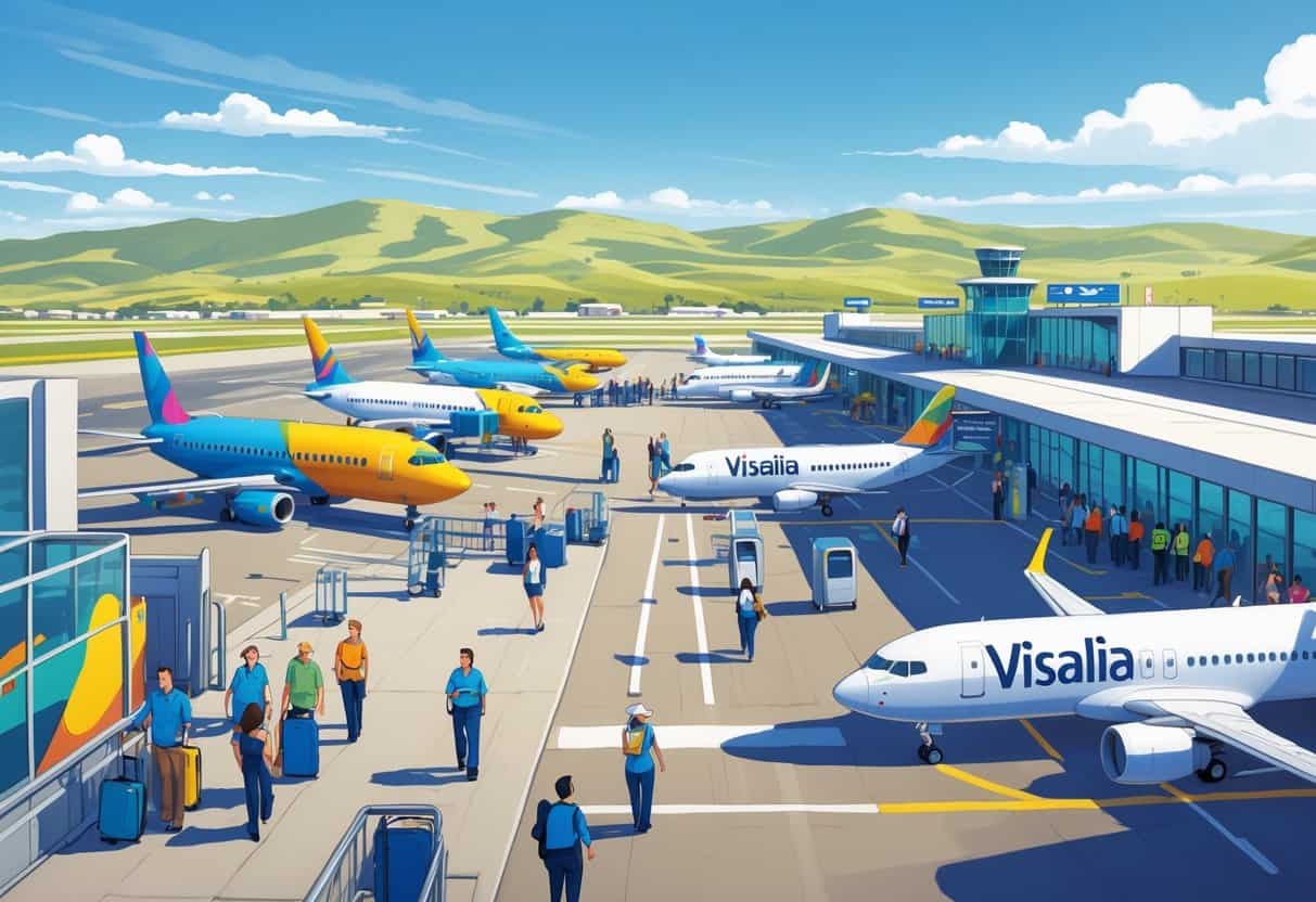 A busy small airport in Visalia, California with budget airplanes, passengers boarding, and airport staff assisting travelers.