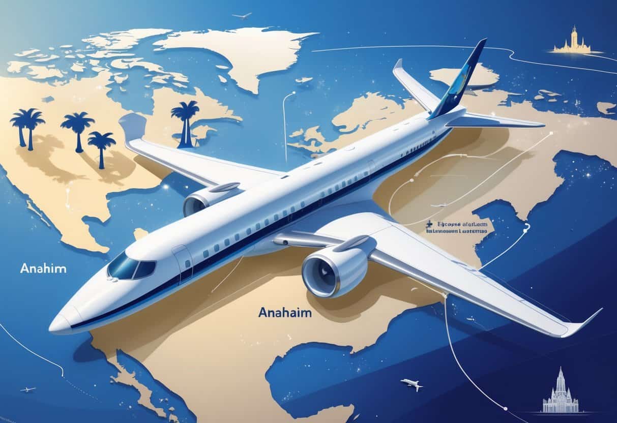 An airplane flying from Anaheim, California to Europe with a map showing both locations and passengers enjoying spacious business class seats inside the plane.