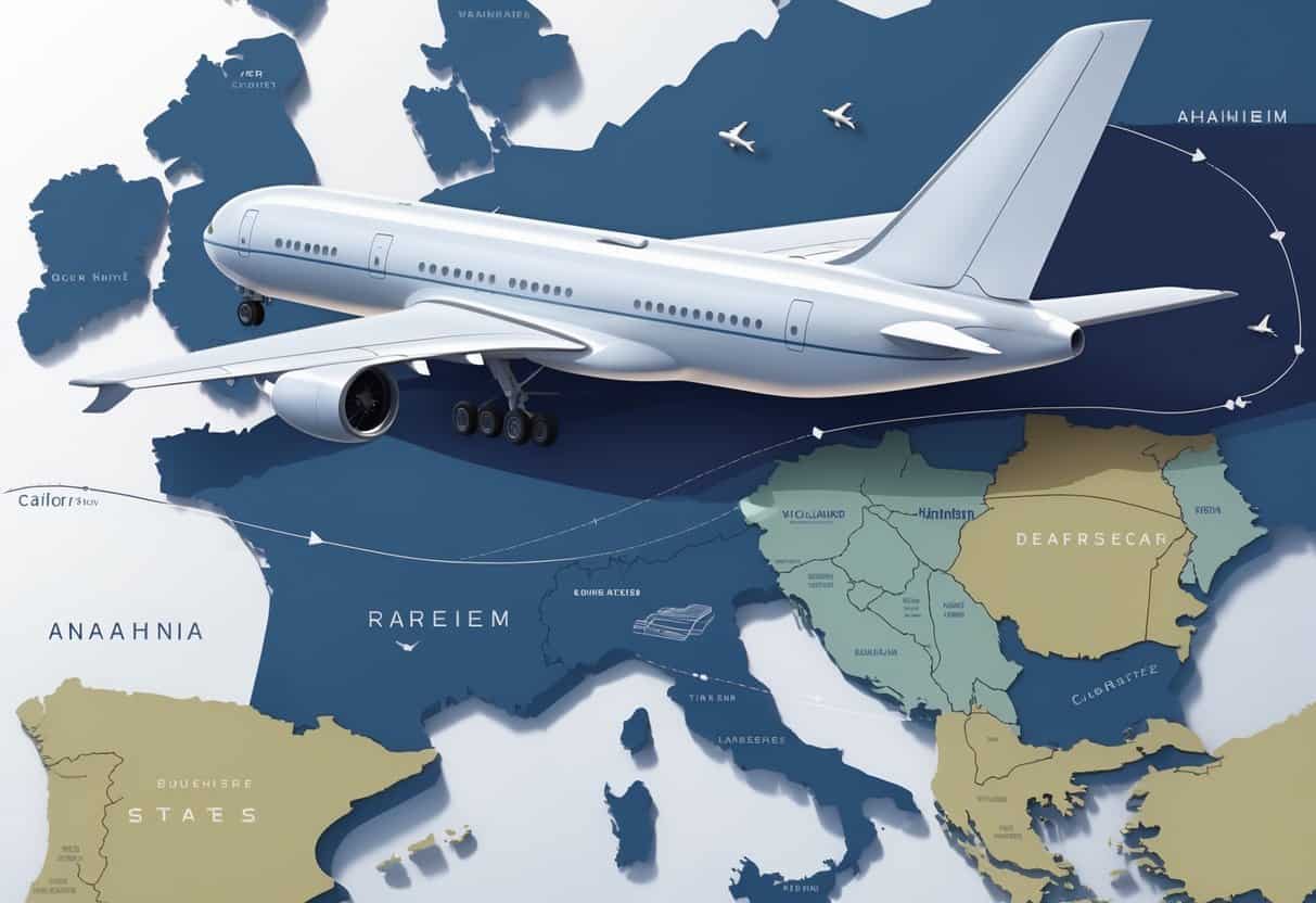 An airplane flying over a map from Anaheim, California to Europe with European landmarks visible below.