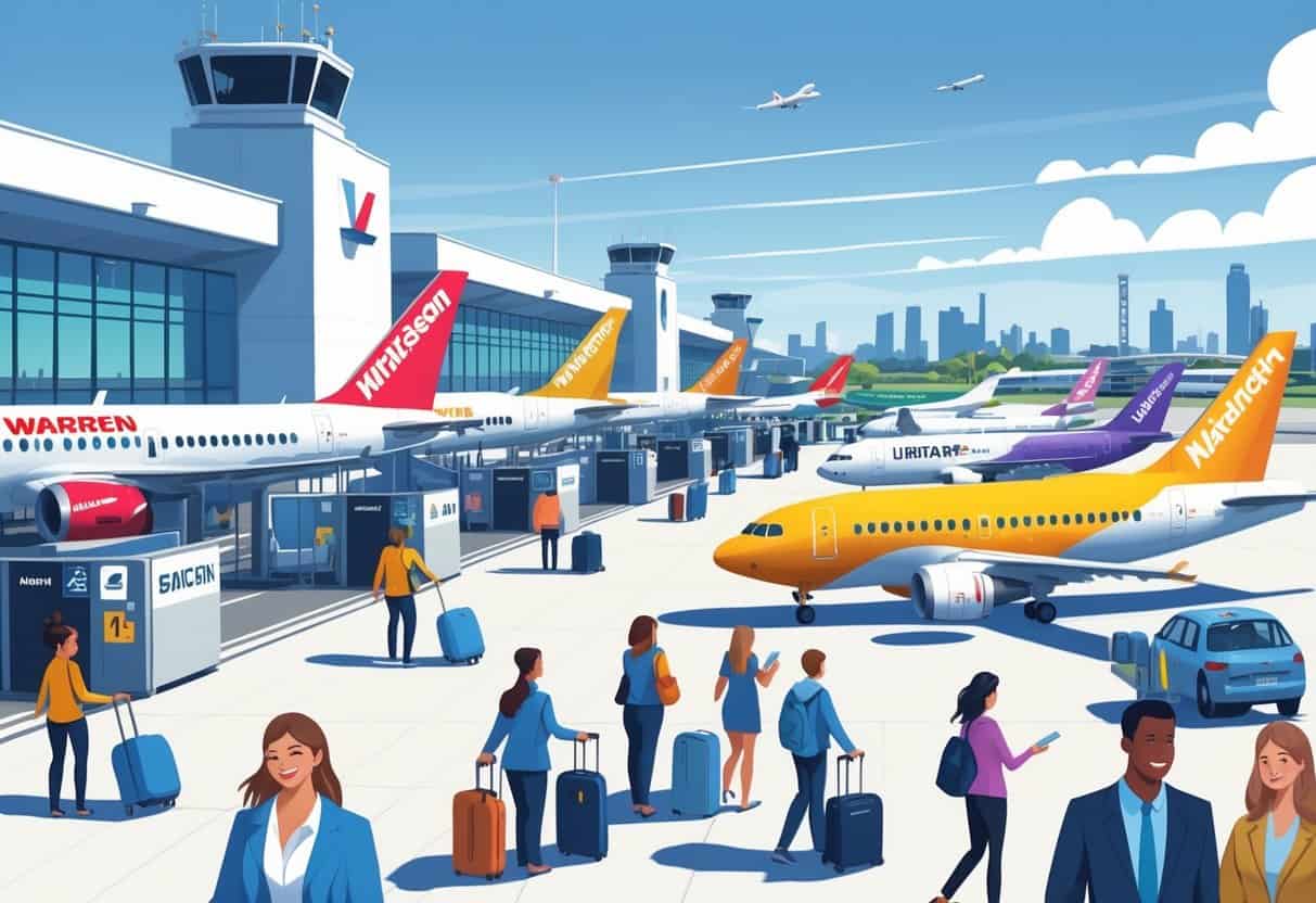 A busy airport scene in Warren, Michigan, with budget airplanes parked at gates and travelers moving through the terminal.