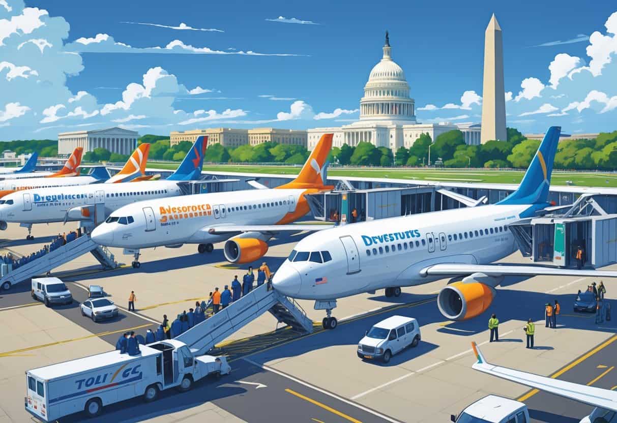 An airport scene in Washington DC with budget airplanes parked at gates and passengers boarding, with the Capitol building and Washington Monument visible in the background.