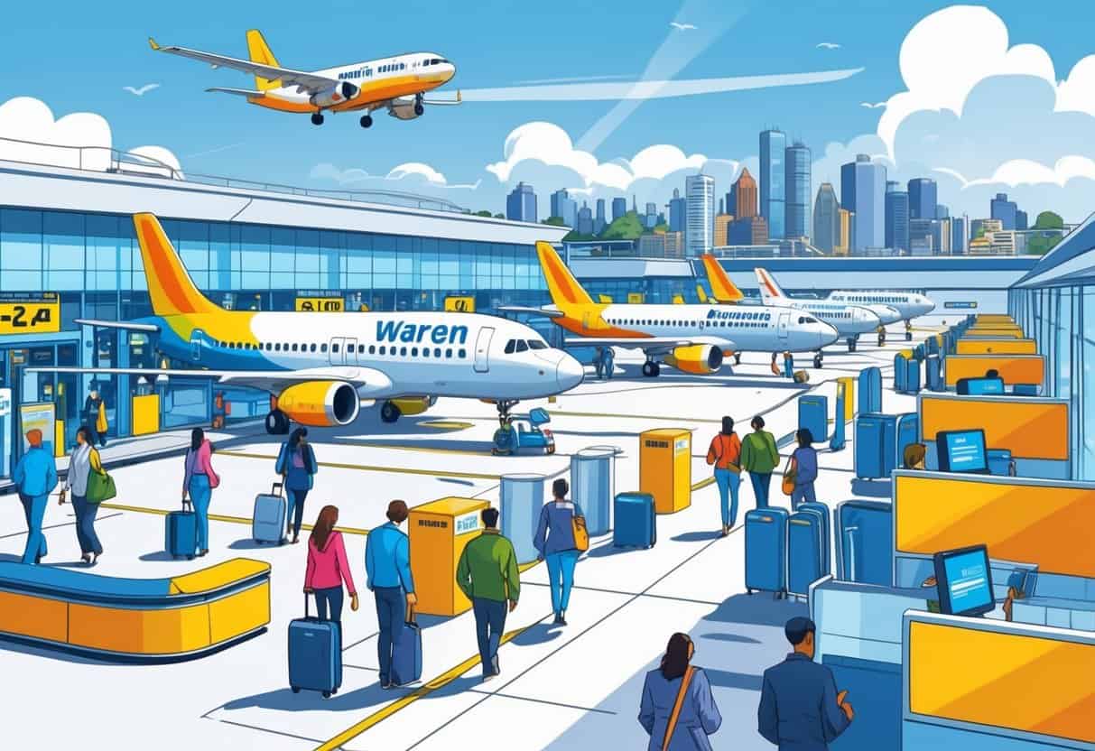 An airport scene in Warren, Michigan showing budget airline planes at gates, passengers walking with luggage, and a city skyline in the background.