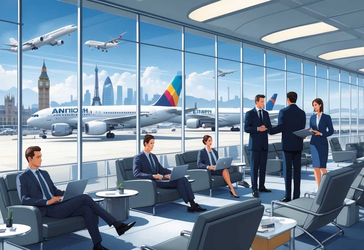 An airport lounge with business travelers and staff, airplanes outside, and European landmarks visible in the distance.