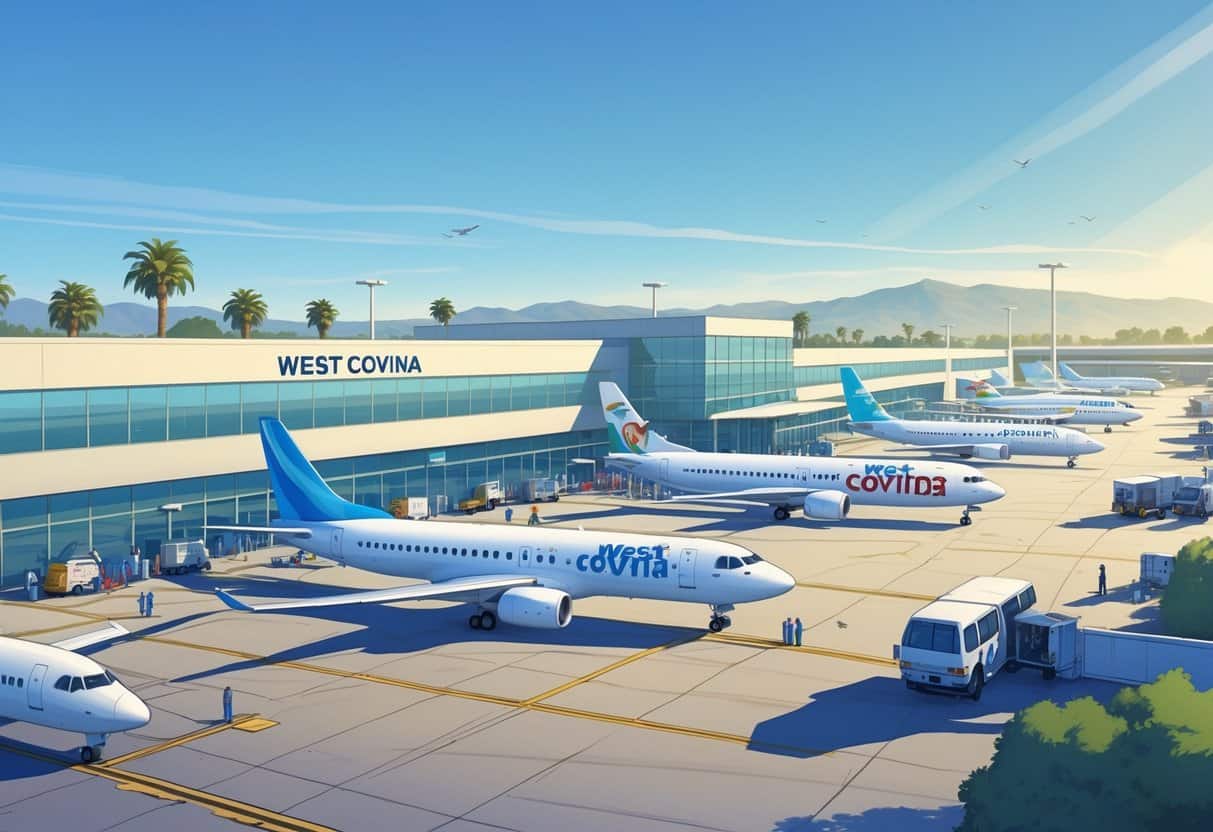 An airport scene in West Covina, California, showing budget airline airplanes parked near a modern terminal with palm trees and hills in the background.