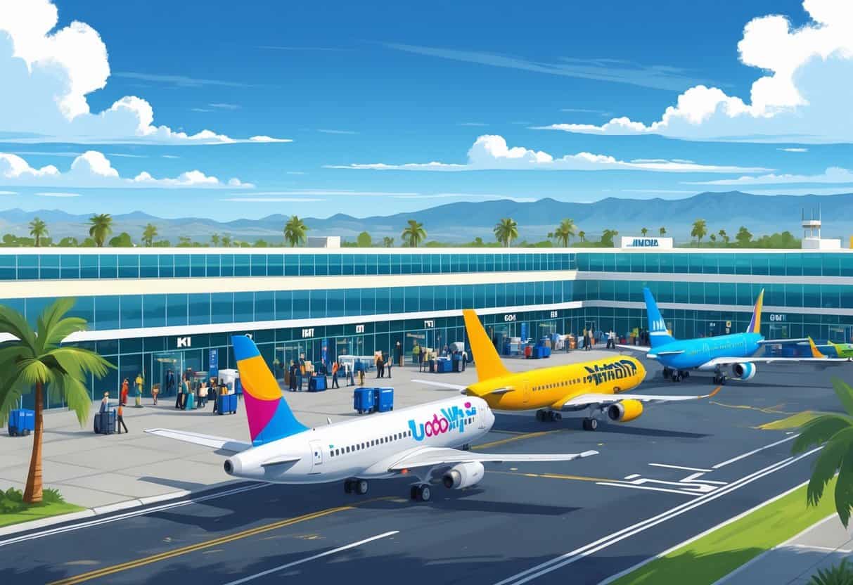 An airport near West Covina with budget airline planes, travelers, and staff in a sunny setting with mountains and palm trees in the background.