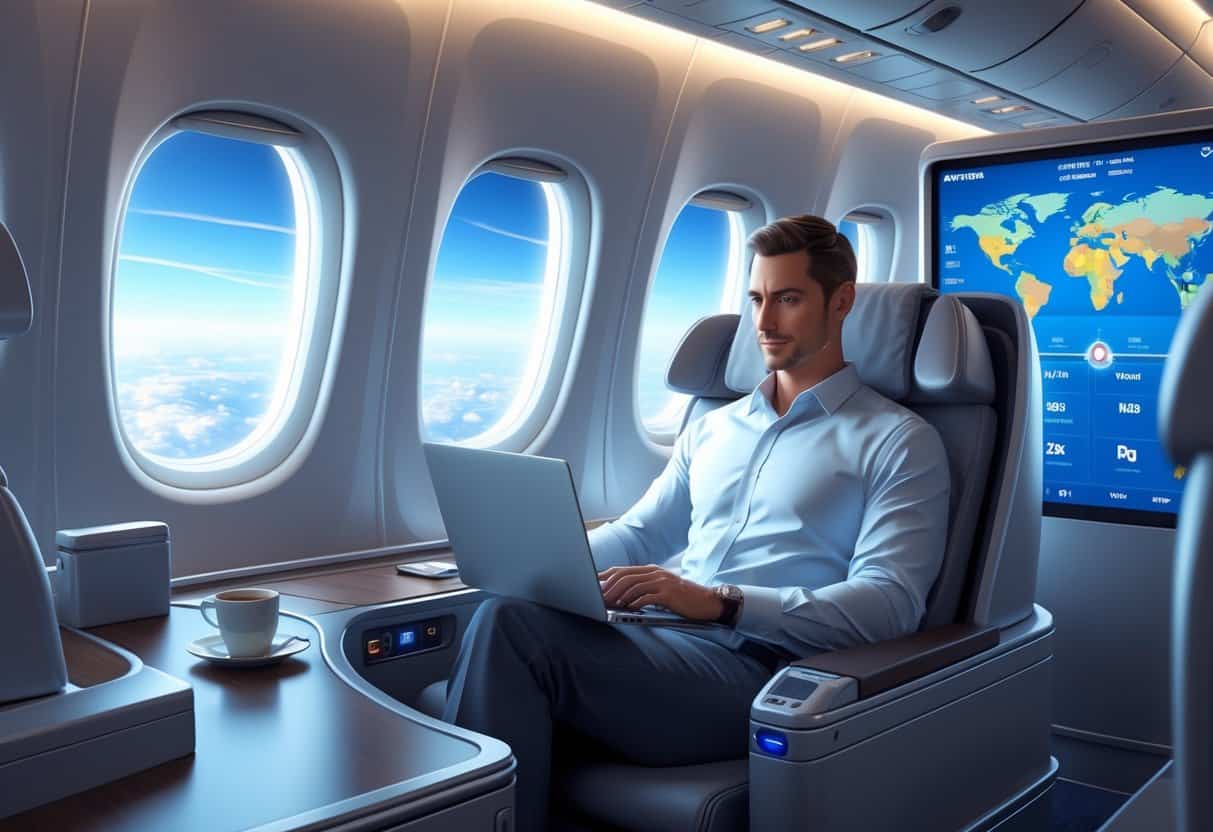 Interior of a business class airplane cabin with a traveler working on a laptop and a flight map showing a route from Atlanta to Europe.
