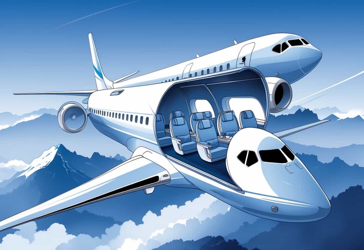 An airplane flying over mountains with European landmarks visible in the distance, showing a glimpse of a luxurious business class cabin inside.