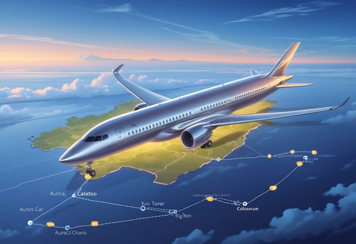An airplane flying over a map from Aurora, Colorado to Europe with famous European landmarks visible, symbolizing a premium business class flight.