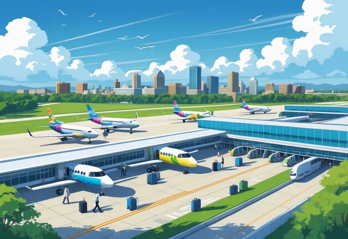 An airport scene with airplanes on the runway and a city skyline in the background, showing travelers moving around the terminal.