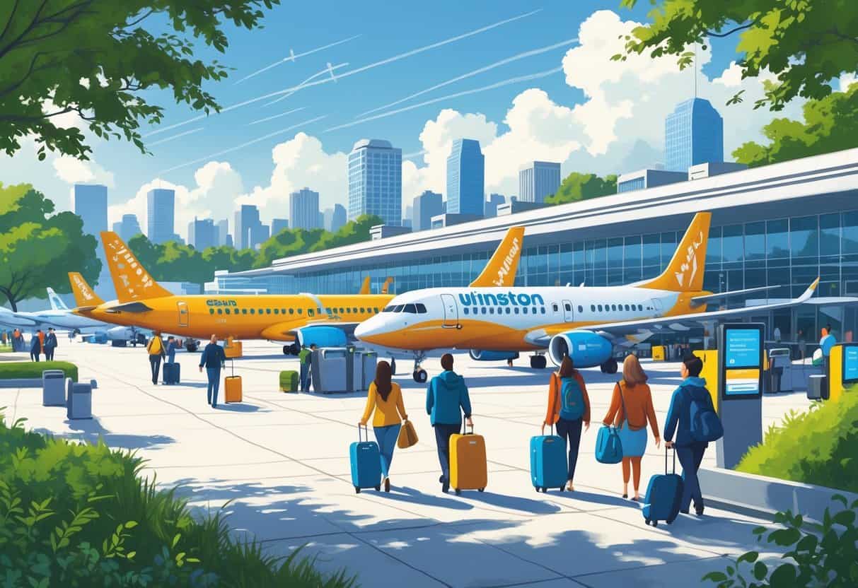 An airport terminal in Winston, North Carolina with budget airplanes parked and travelers walking nearby, set against the city skyline and trees.