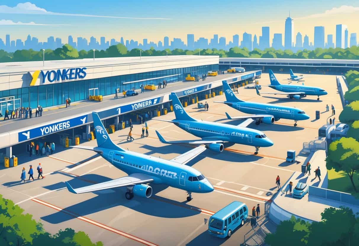 An airport scene in Yonkers, New York, showing budget airplanes parked at gates with passengers boarding and airport staff assisting.