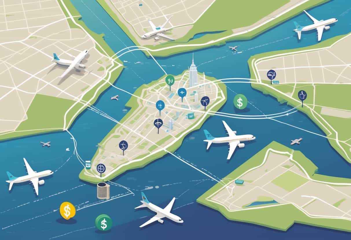 An illustrated map showing Yonkers, New York, with nearby airports and budget airlines represented by airplane icons, flight paths, and a cityscape in the background.