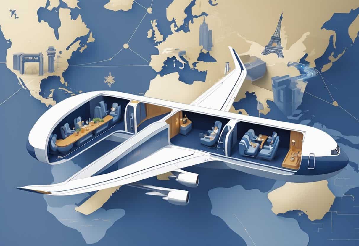 An airplane flying over a map showing a route from Bakersfield, California to Europe, with European landmarks visible on the horizon and a view of a spacious business class cabin inside the plane.