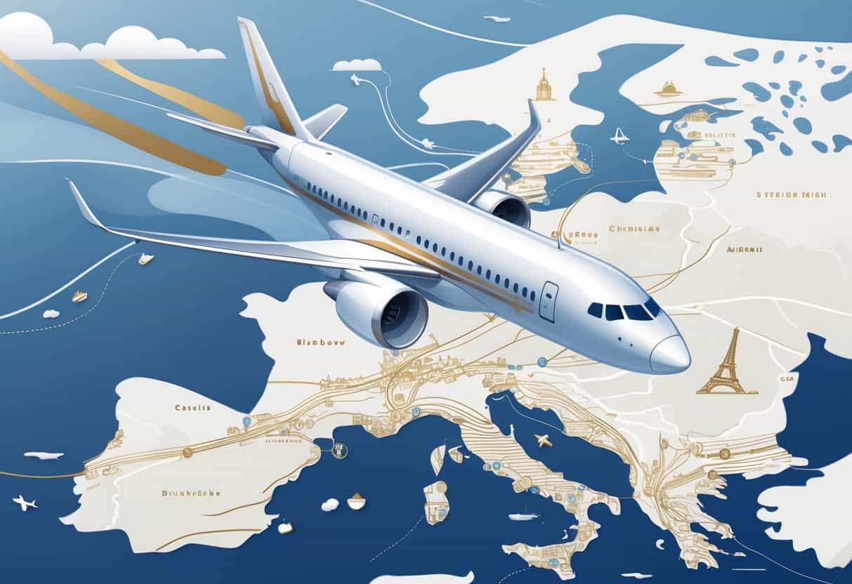 An airplane flying over a map showing a route from Bakersfield, California to Europe with icons of famous European landmarks.