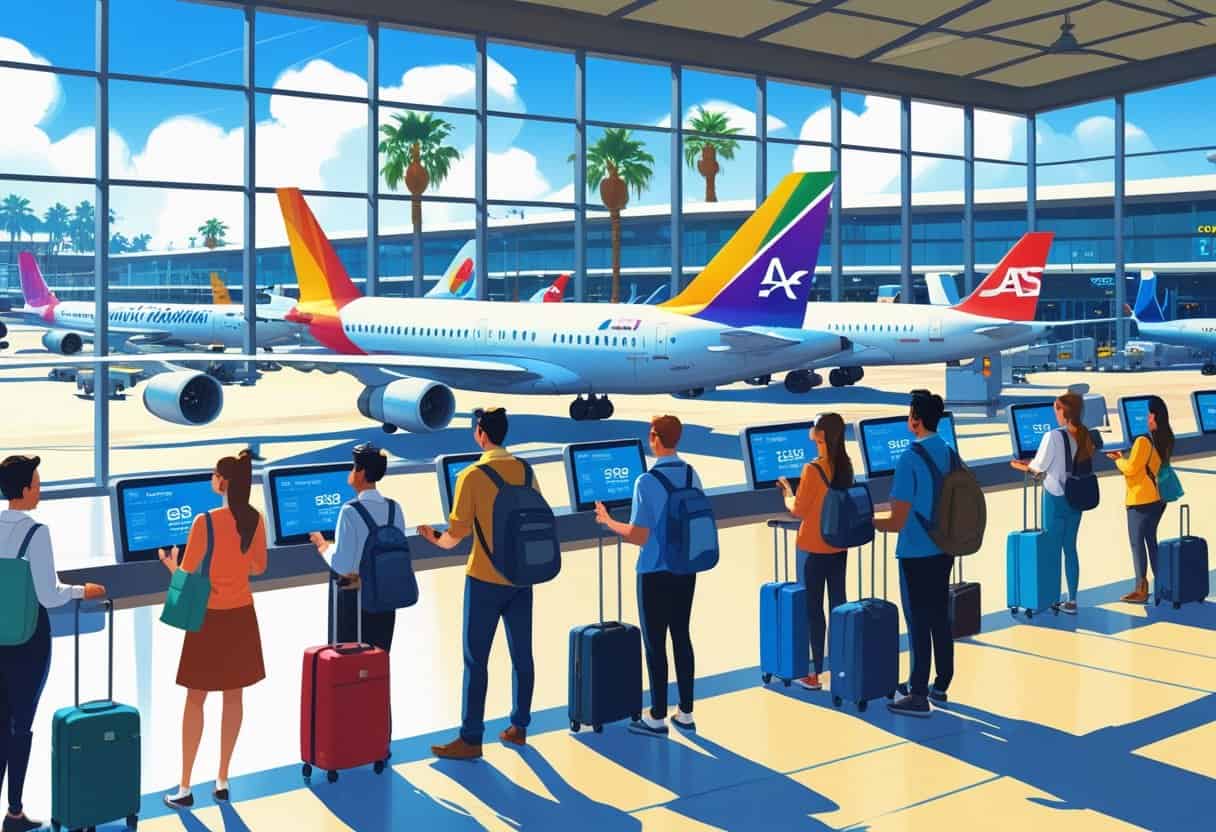 An airport terminal scene with travelers and airplanes from major airlines under sunny skies with palm trees visible outside.