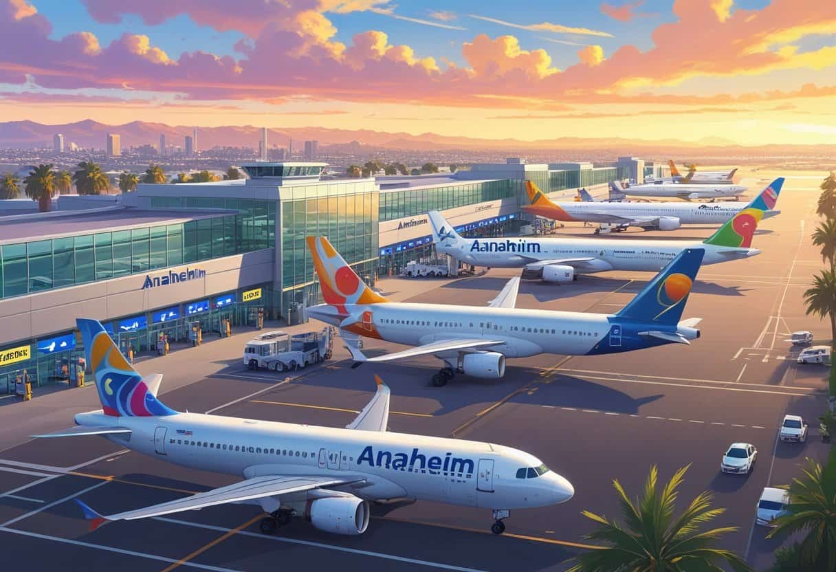 An airport scene with airplanes from major airlines parked at gates and taxiing, a modern terminal building, palm trees, and a city skyline in the background at sunset.
