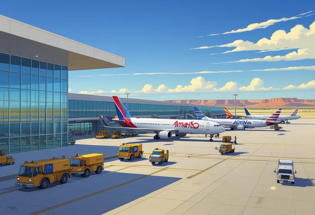 An airport terminal in Amarillo, Texas with several commercial airplanes parked at gates and ground service vehicles around them under a clear sky.