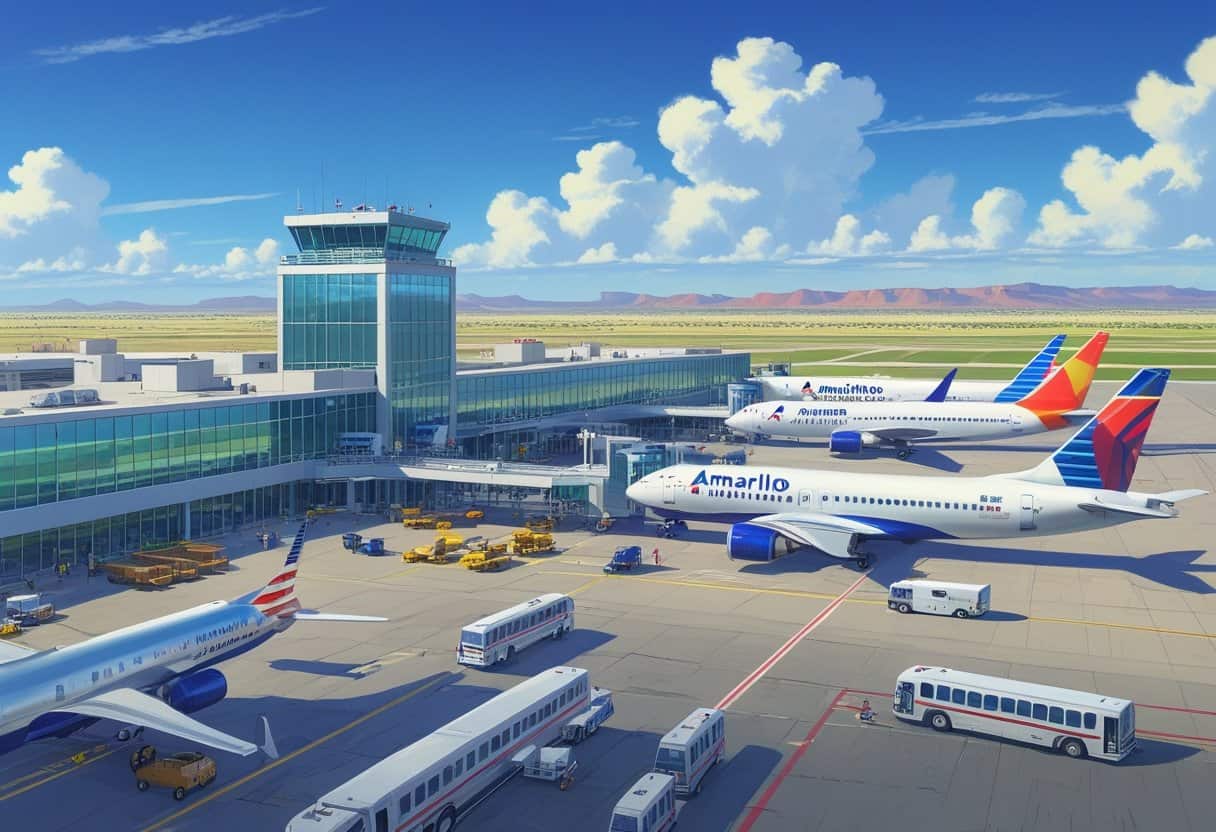 An airport scene showing multiple commercial airplanes from major airlines parked and taxiing at Amarillo International Airport with a terminal and control tower in the background.