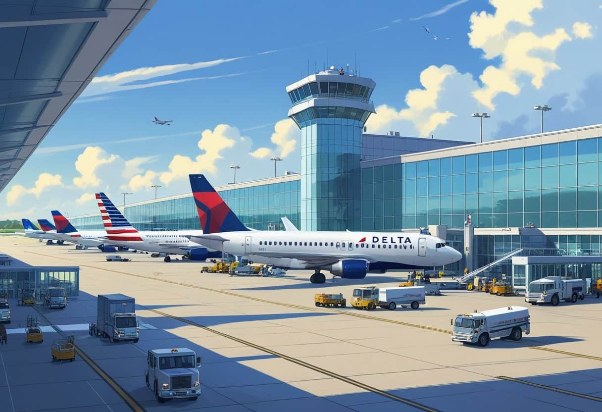 A busy airport scene showing airplanes from major airlines parked at gates outside a modern terminal with passengers and staff moving around.