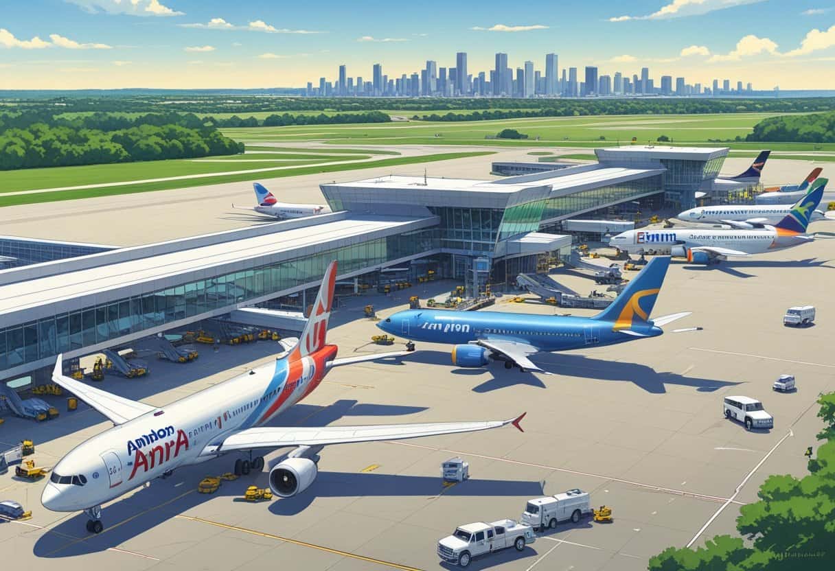 An airport terminal with several airplanes from different airlines parked at gates, set against a city skyline and clear sky.