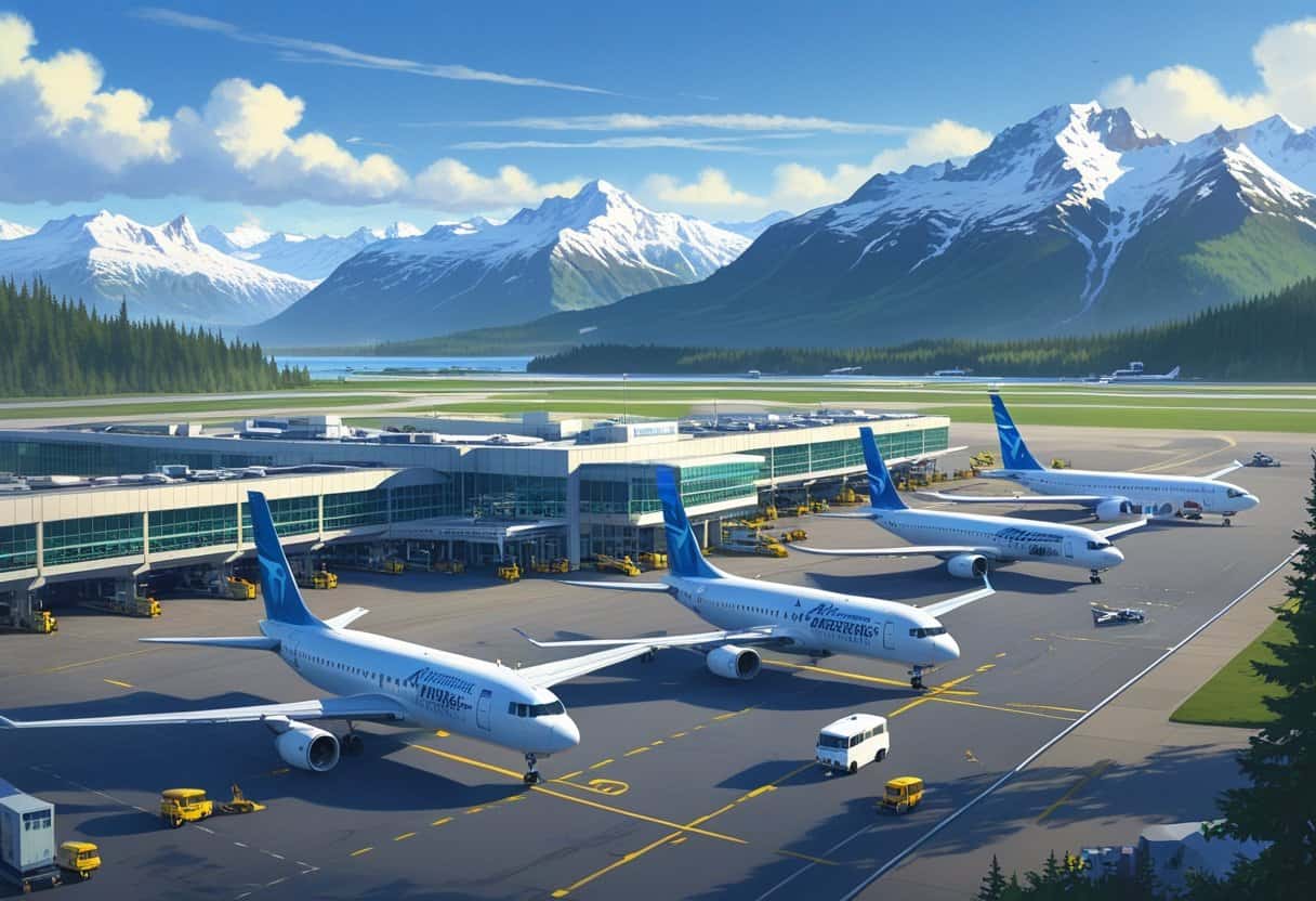 Airport terminal with airplanes parked and taxiing, surrounded by mountains and forests under a clear sky.