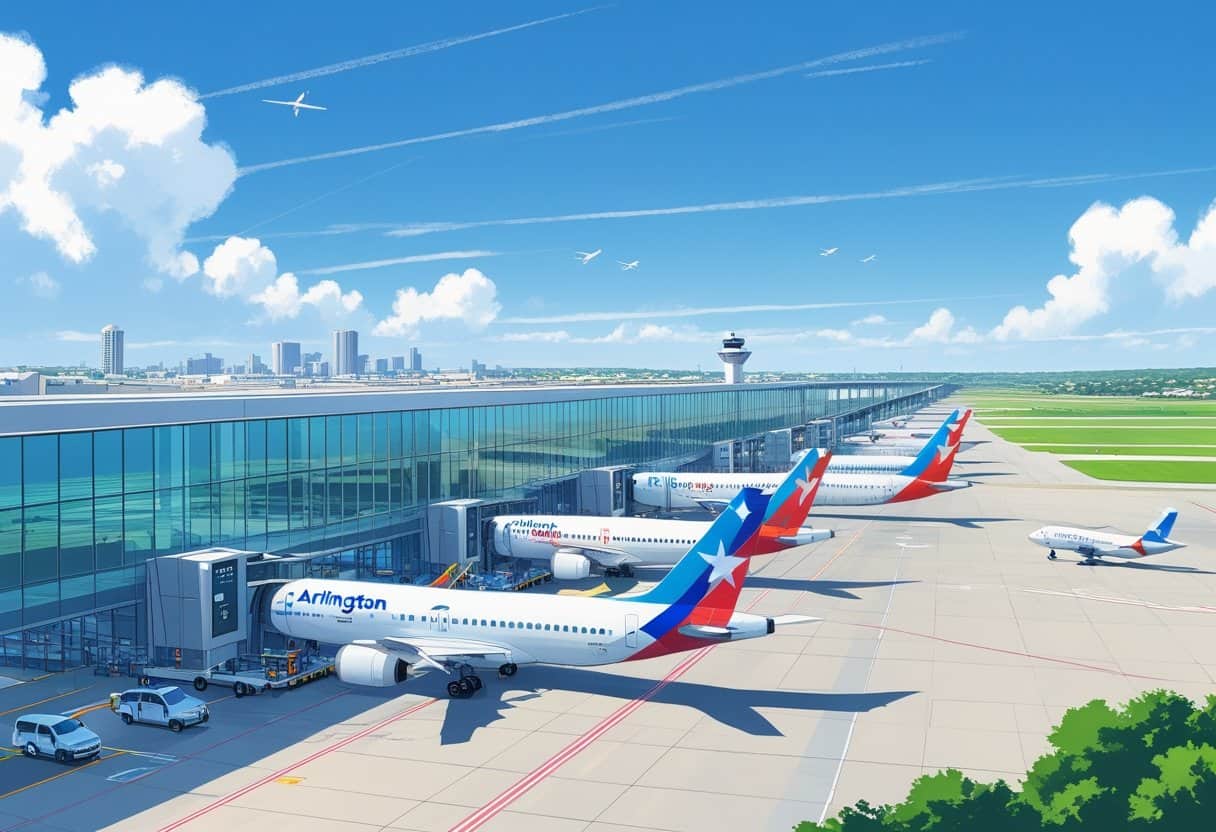 An airport terminal in Arlington, Texas with airplanes parked at gates, planes taking off and landing, and a city skyline in the background.