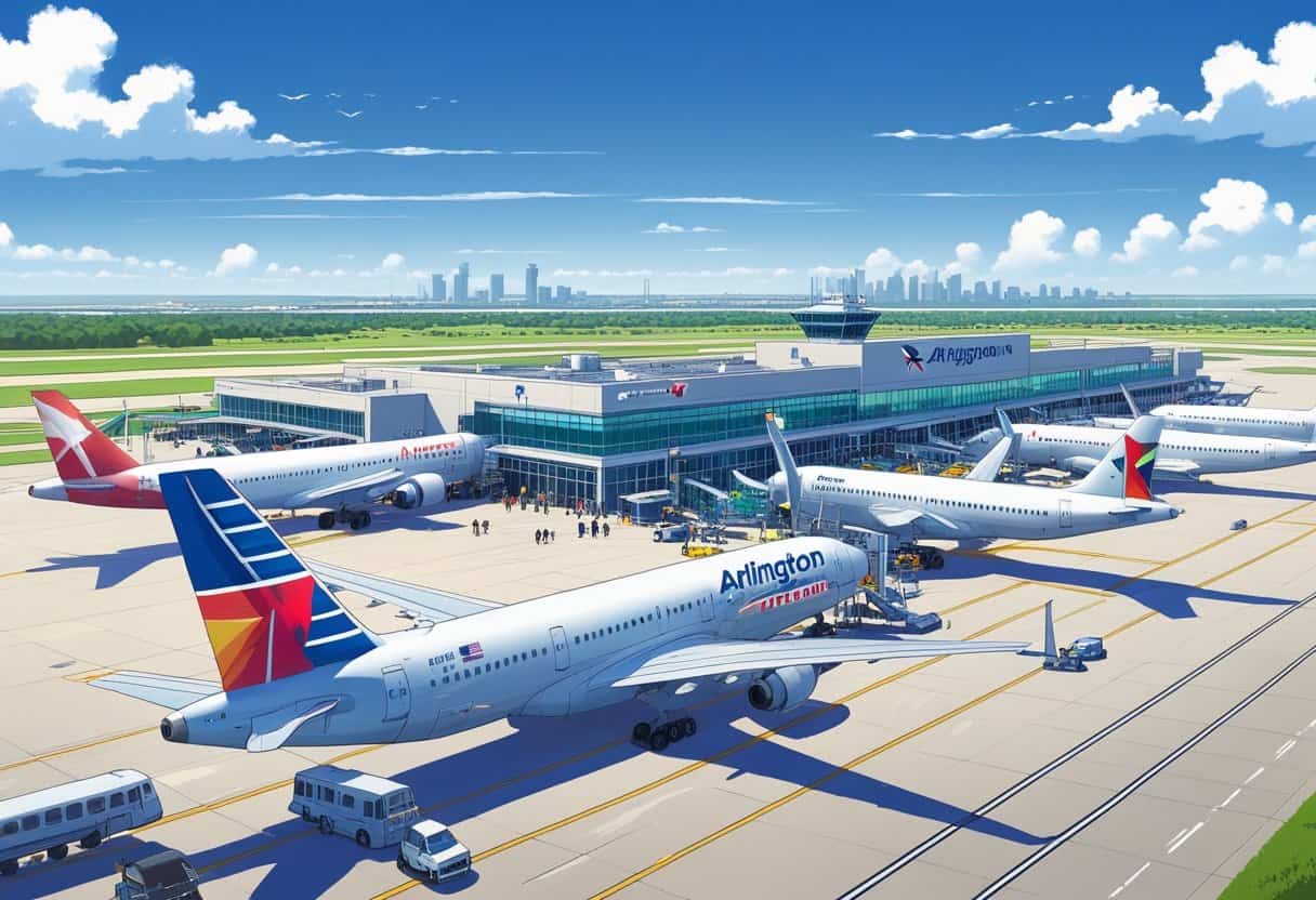 An airport scene at Arlington, Texas showing several commercial airplanes from major airlines parked at gates near a busy terminal with passengers and staff.