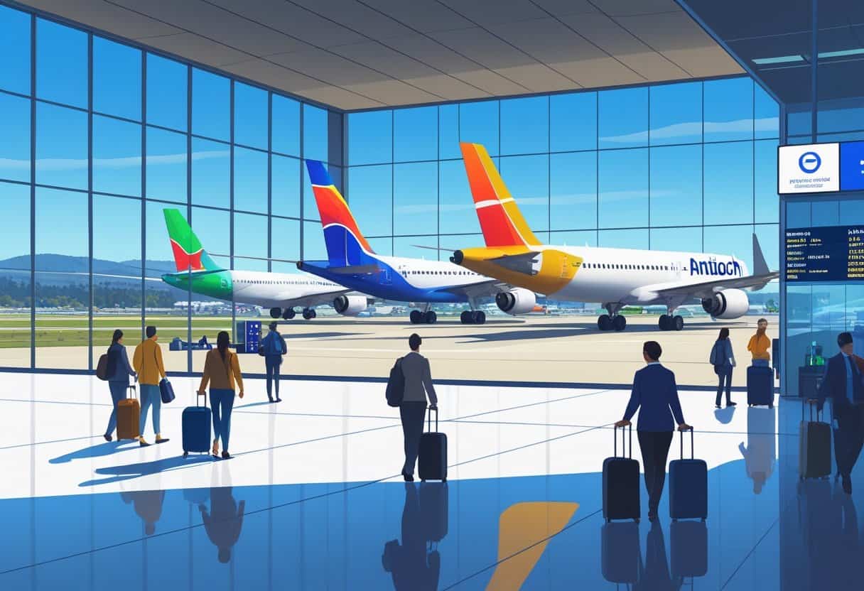Airport terminal at Antioch, California with airplanes on the runway and travelers walking inside the terminal.