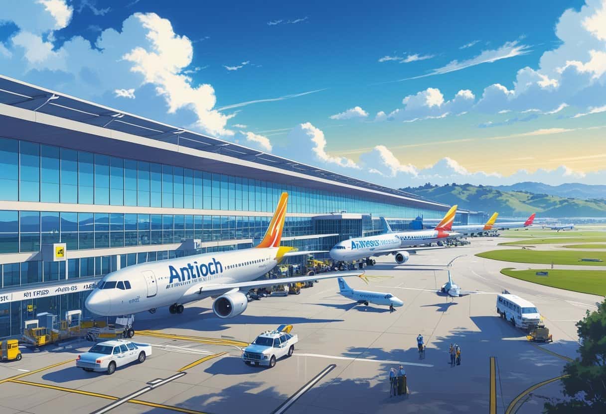 A busy airport scene at Antioch, California with airplanes parked at gates, a modern terminal building, ground vehicles, staff, and passengers under a clear sky.