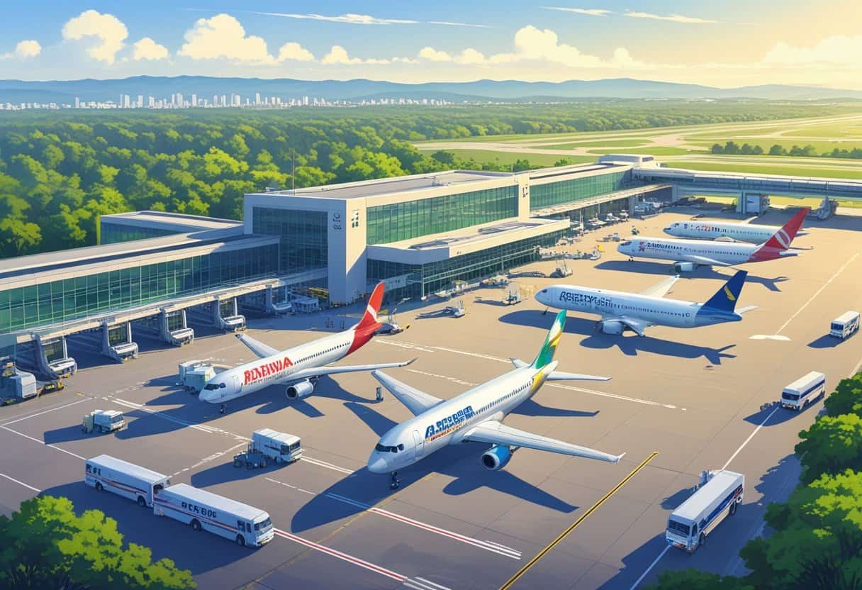 An airport with several commercial airplanes parked at gates, surrounded by airport vehicles and greenery, with a city skyline in the background.