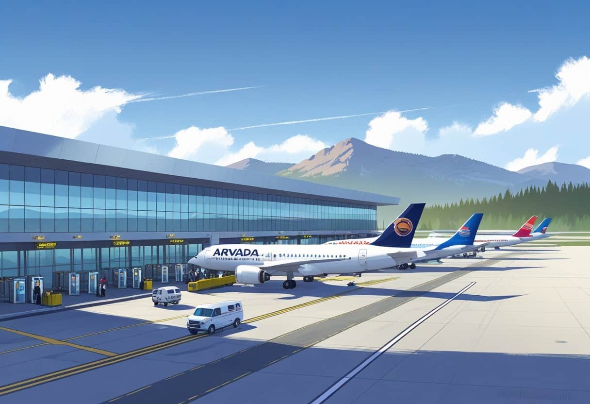 A busy airport terminal near mountains with airplanes from various airlines parked and passengers walking nearby.