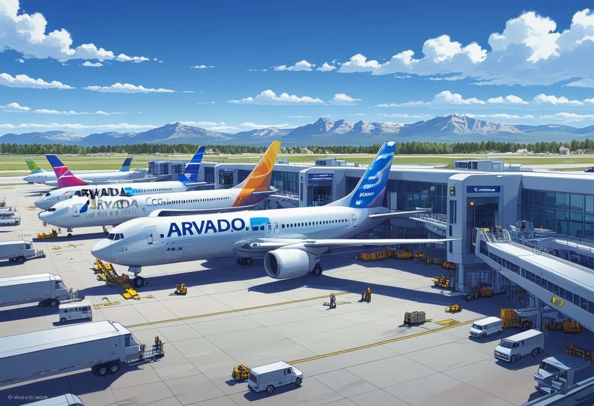 A busy airport terminal in Arvada, Colorado with several commercial airplanes parked at gates, passengers and staff moving around, and the Rocky Mountains visible in the background.