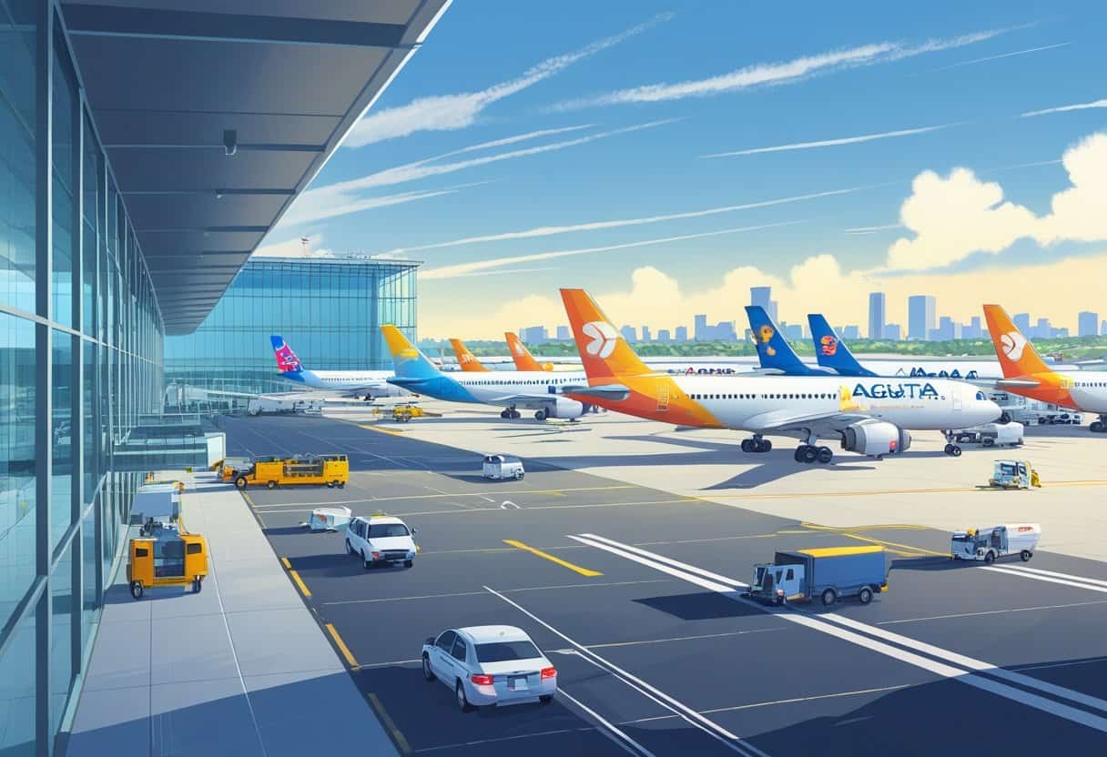 An airport scene with multiple airplanes parked at gates and taxiing, a modern terminal building, and a city skyline in the background.