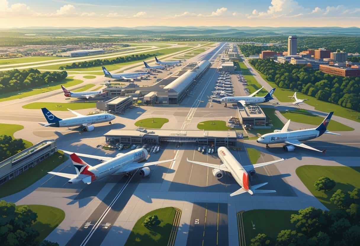 Aerial view of Augusta Regional Airport with airplanes at gates, runways, and the surrounding city and greenery.